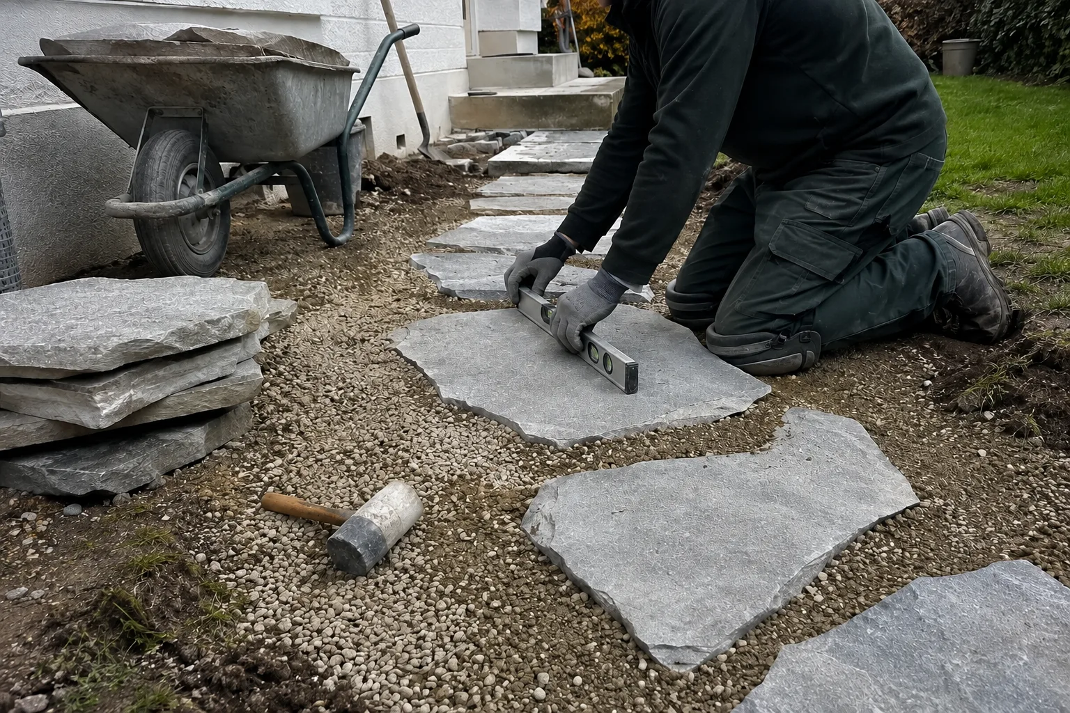 Gartenbauer richtet eine Natursteinplatte auf dem vorbereiteten Kiesbett aus