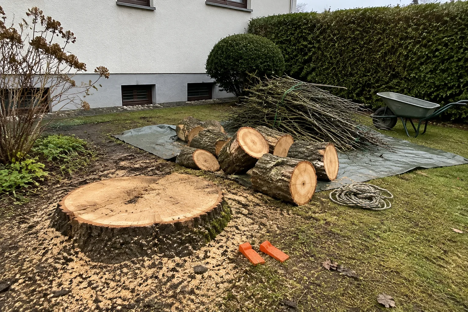 Baumstumpf, Stammstücke und gebündeltes Astholz nach einer kontrollierten Baumfällung