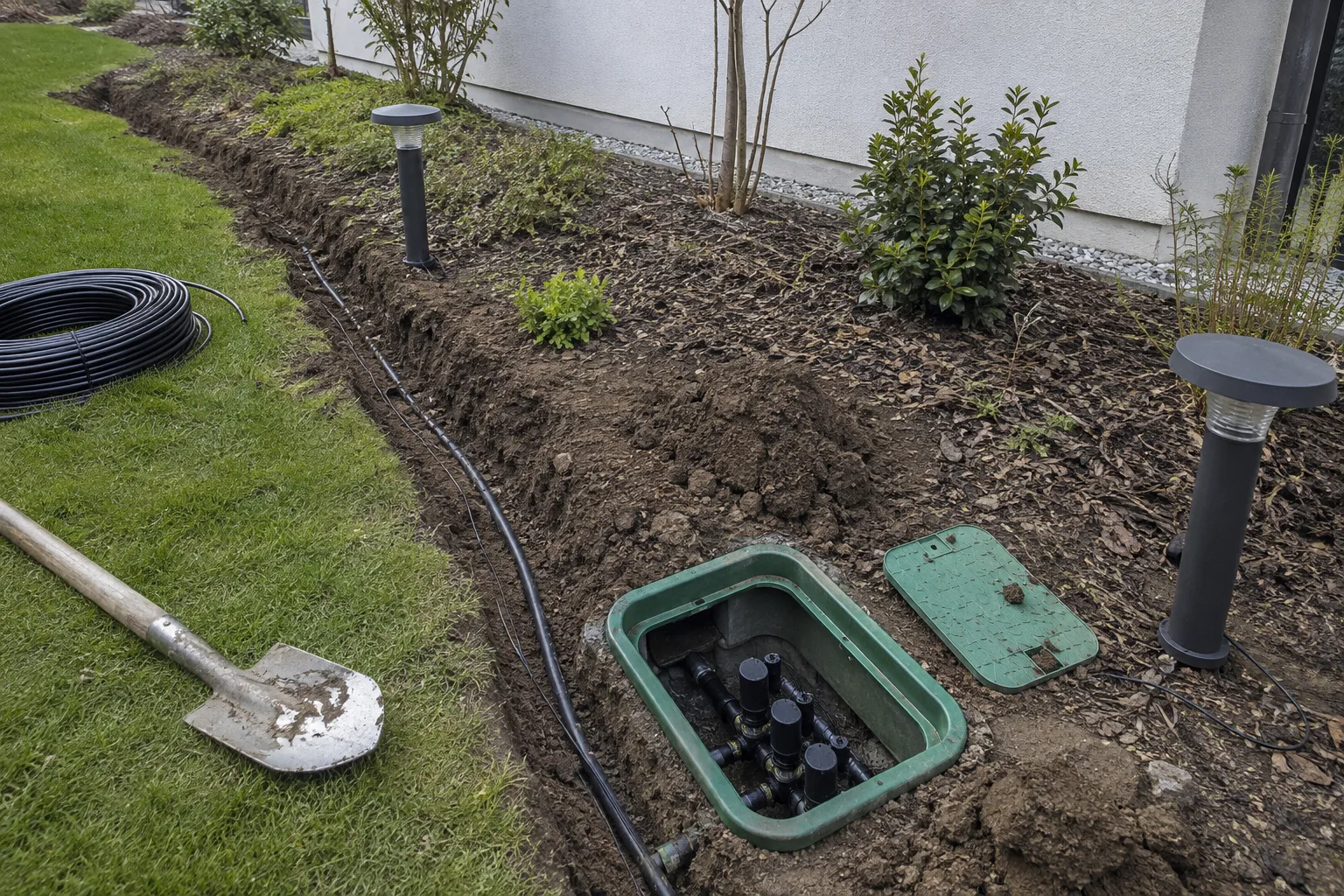 Offener Ventilkasten mit Bewässerungsleitungen und Gartenleuchten während der Installation