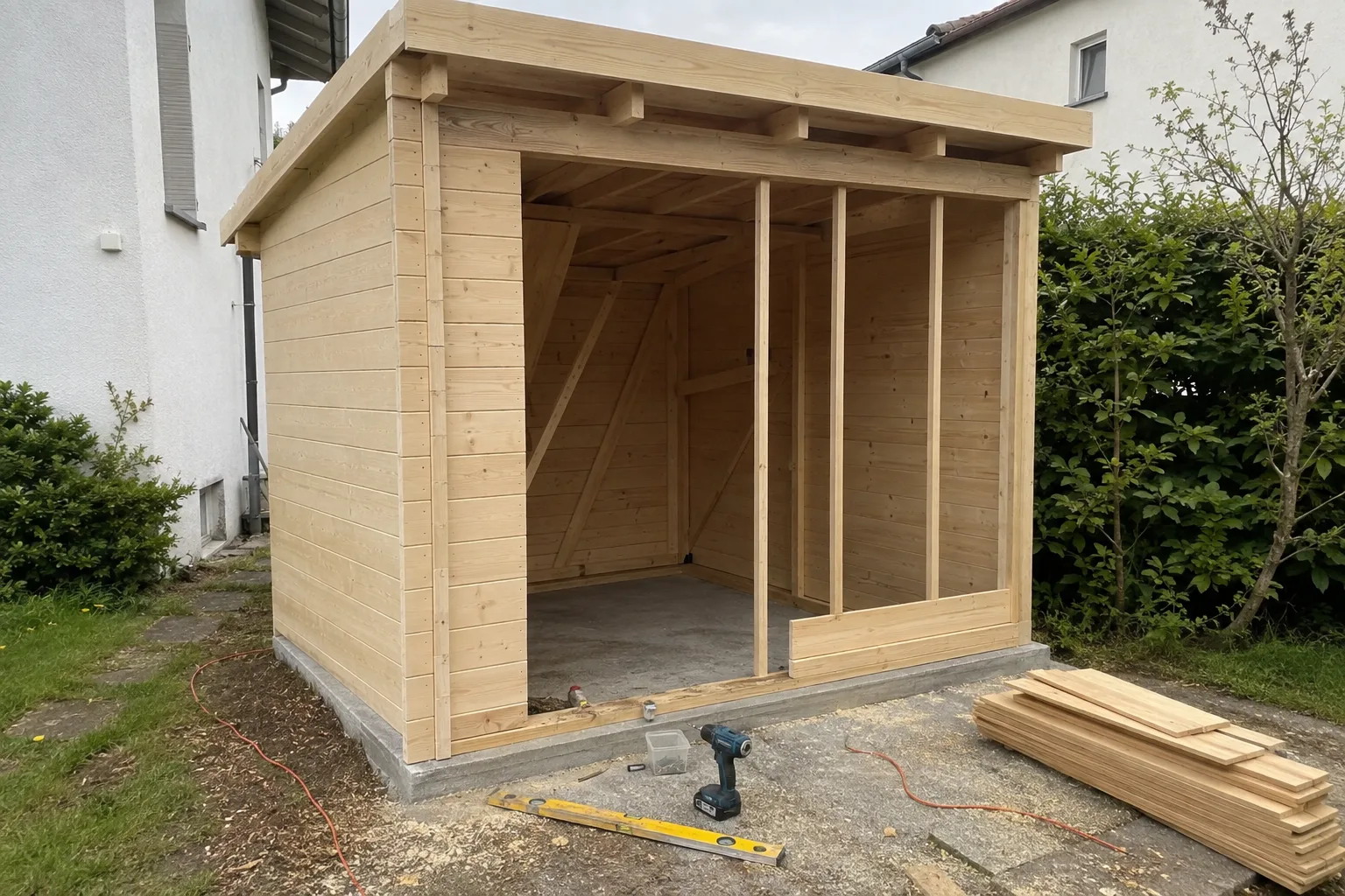 Gartenhaus aus Holz während des Aufbaus auf einem Betonfundament