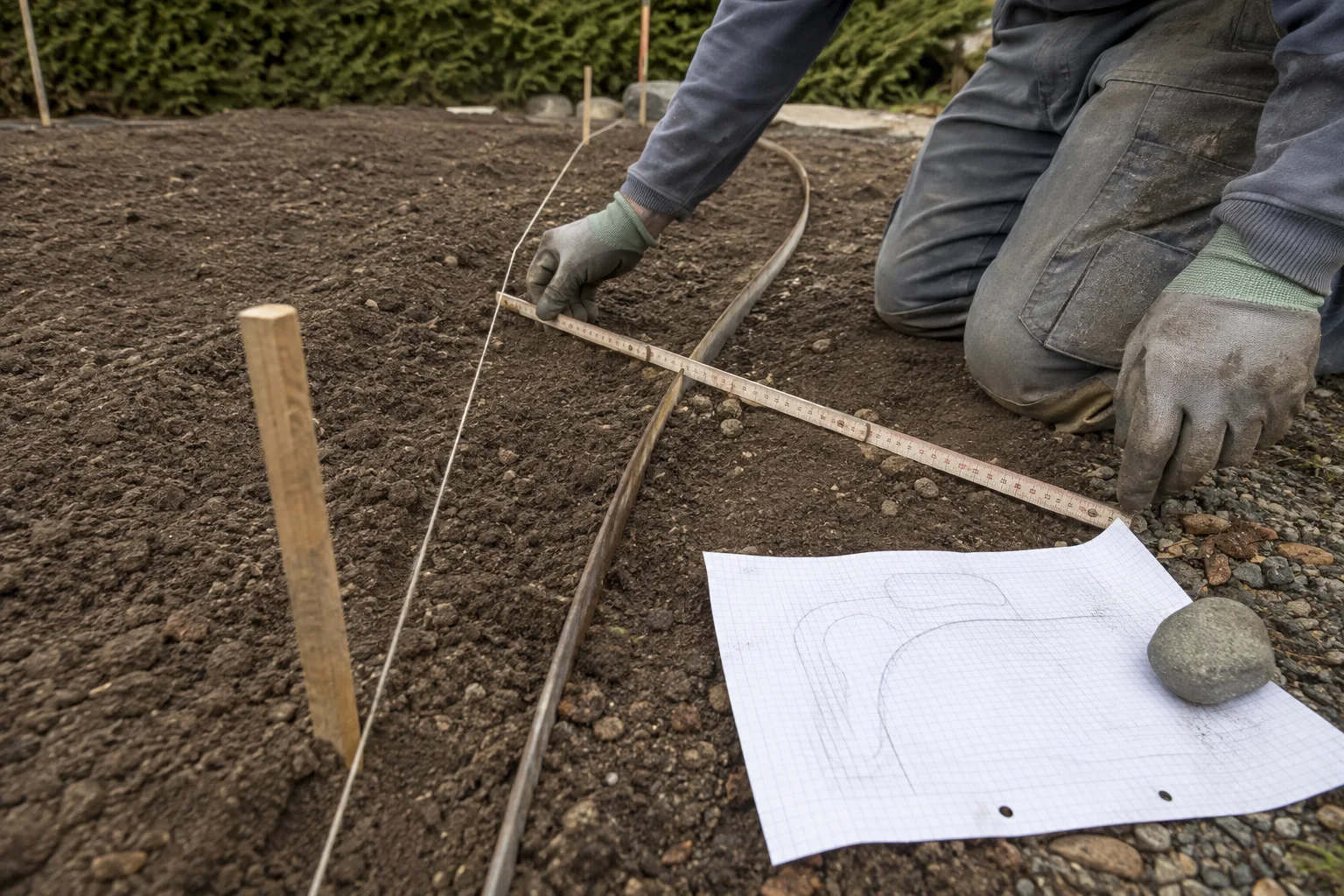 Gartenbauer misst ein neues Pflanzbeet mit Richtschnur und Metermass ein
