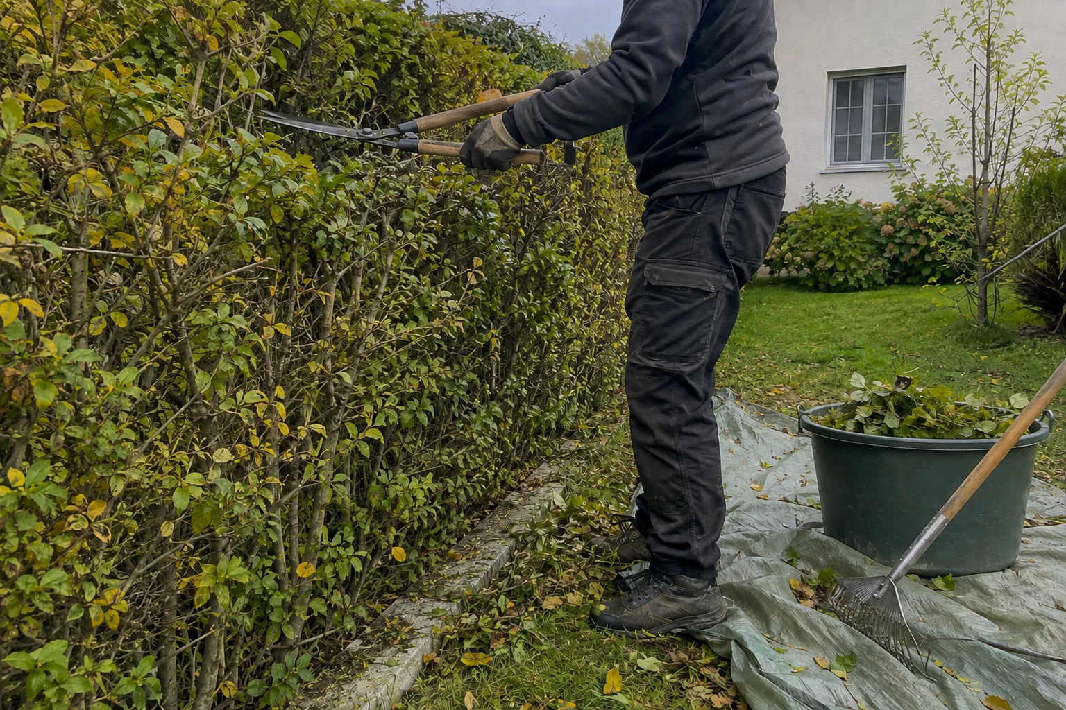 Gartenbauer schneidet eine Gartenhecke mit einer manuellen Heckenschere