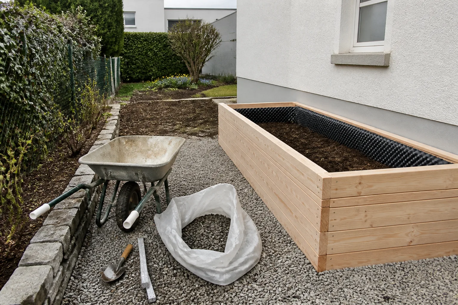 Hochbeet aus Lärchenholz während der Montage in einem Hausgarten
