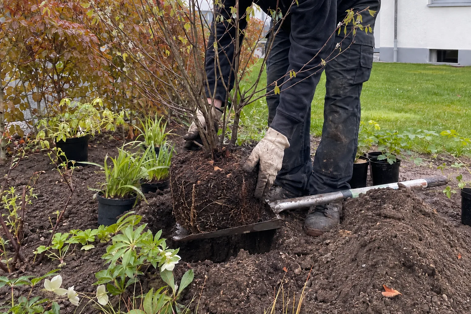 Ein Gartenbauer setzt einen jungen Strauch in ein vorbereitetes Pflanzloch