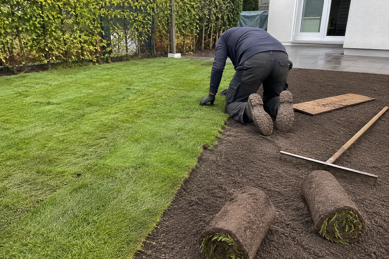 Gartenbauer verlegt Rollrasen auf einem vorbereiteten Gartenboden