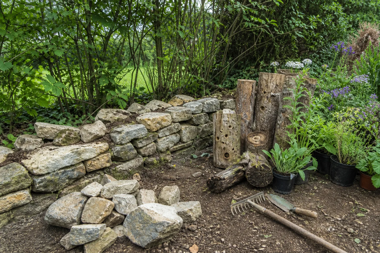 Trockensteinmauer, Totholz und einheimische Pflanzen für einen tierfreundlichen Garten