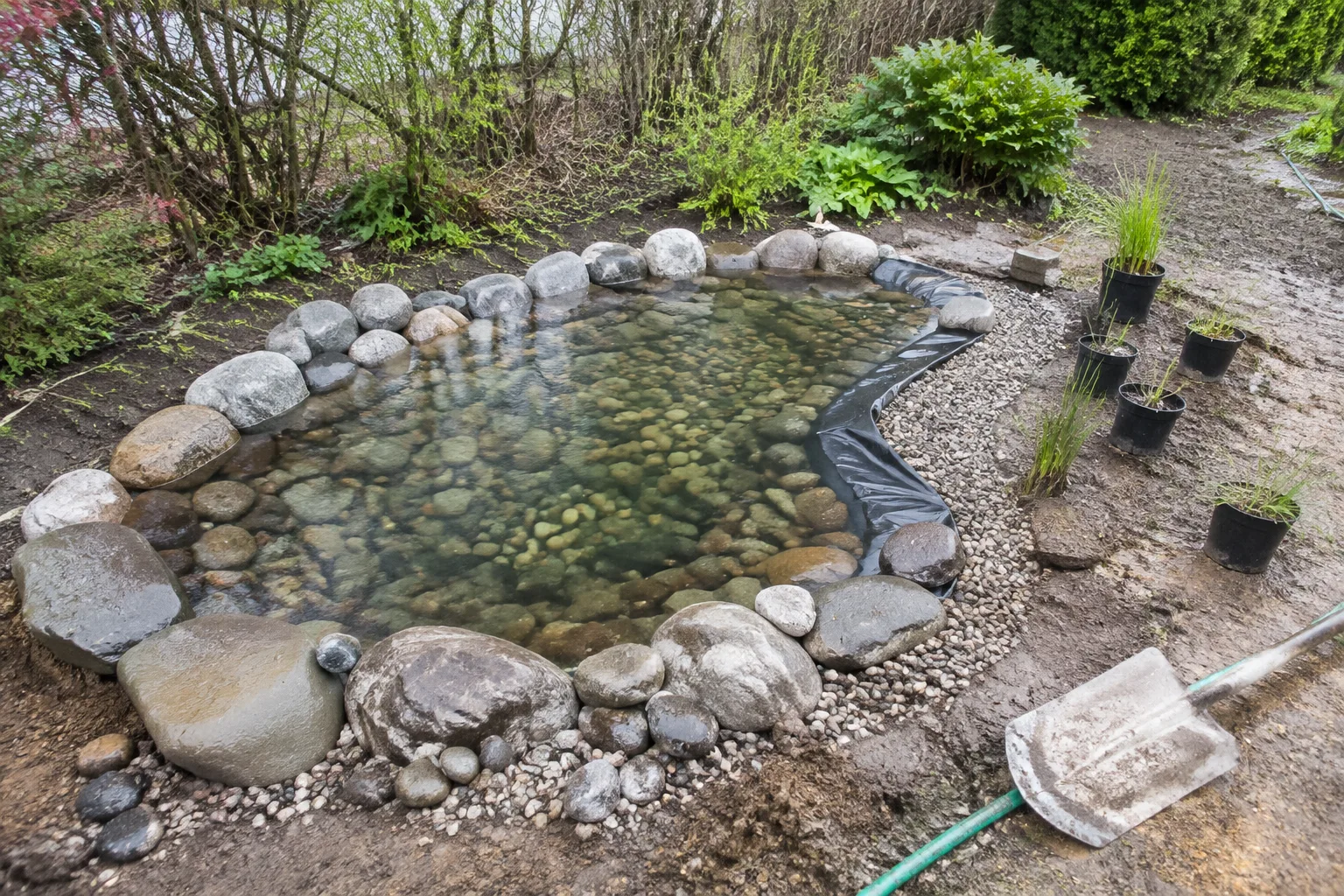 Naturnaher Gartenteich mit teilweise fertiggestelltem Steinrand und Wasserpflanzen